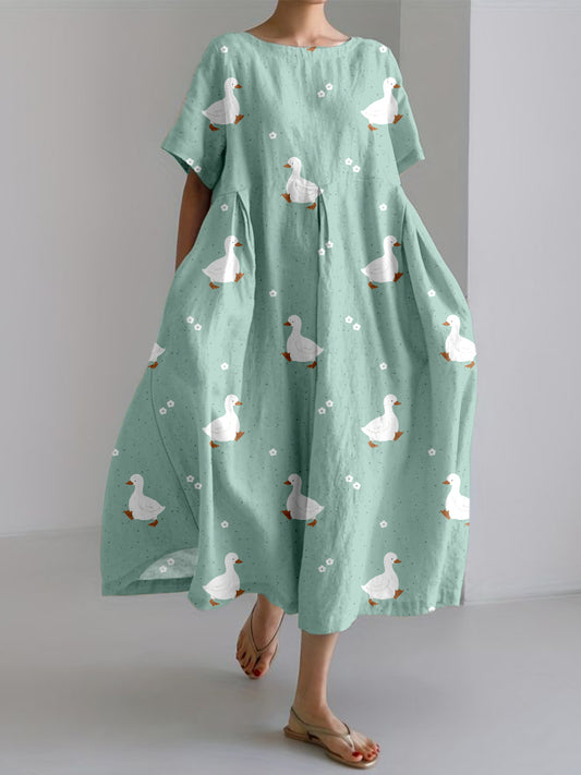 Women's White Duck Print Linen Short Sleeve Dress