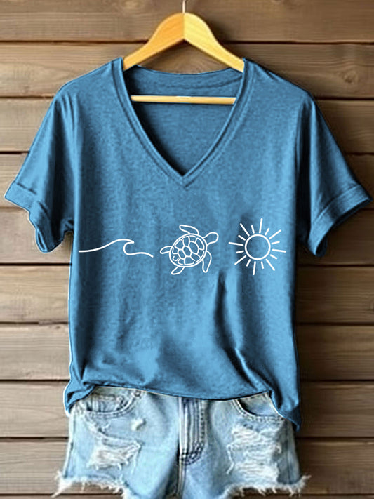 Women's Ocean Turtle Sun Print V-Neck T-Shirt