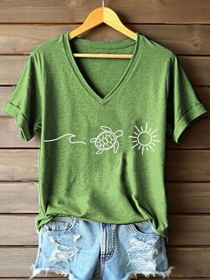 Women's Ocean Turtle Sun Print V-Neck T-Shirt