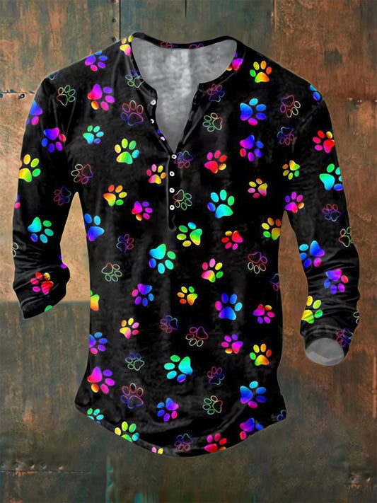 Men's Psychedelic Dog Paw Print Long Sleeve Button Henley Shirt