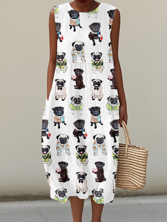 Women's Cute Pug Print Linen Dress