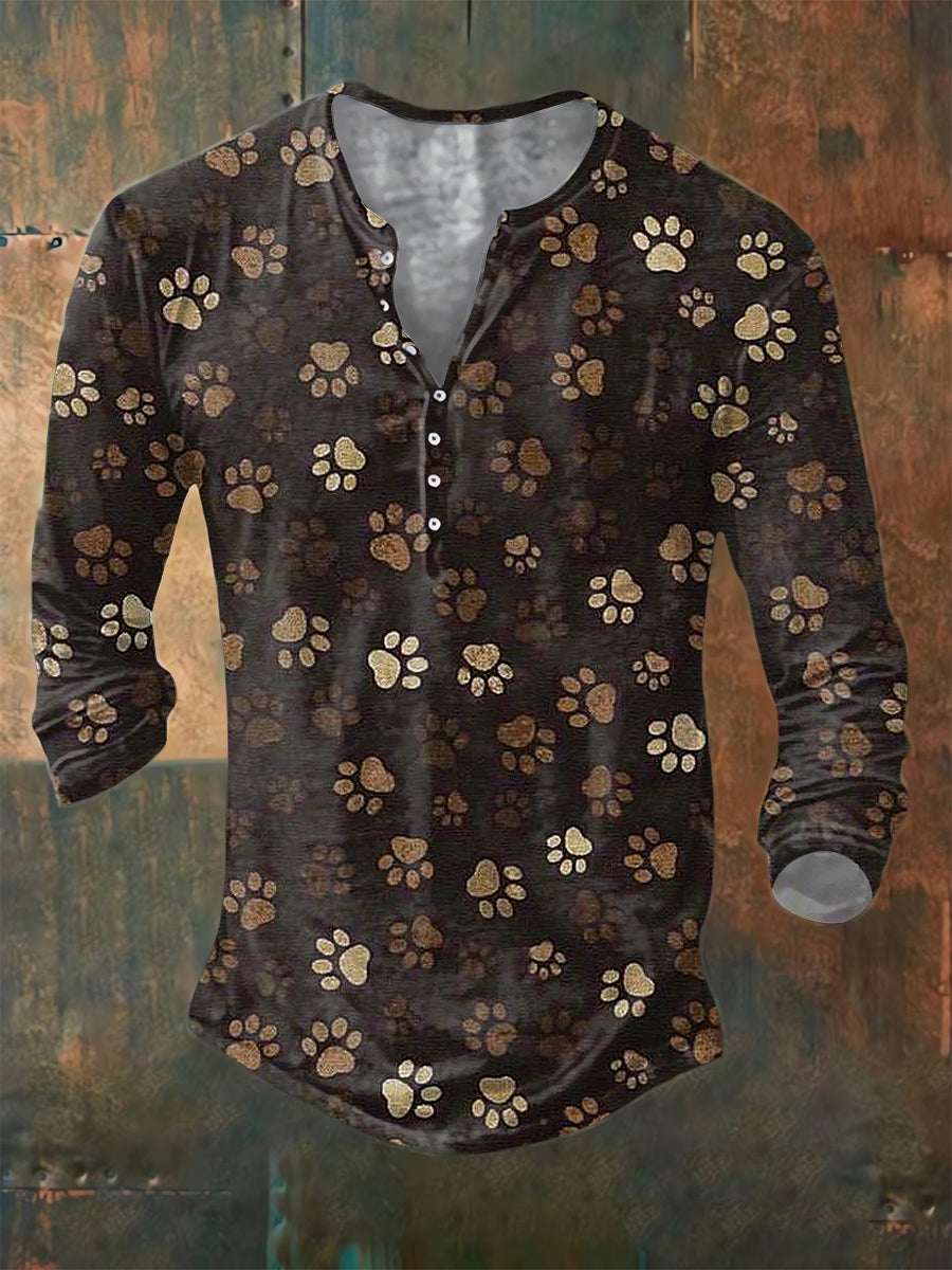 Men's Psychedelic Dog Paw Print Long Sleeve Button Henley Shirt