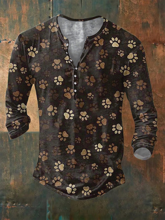 Men's Psychedelic Dog Paw Print Long Sleeve Button Henley Shirt