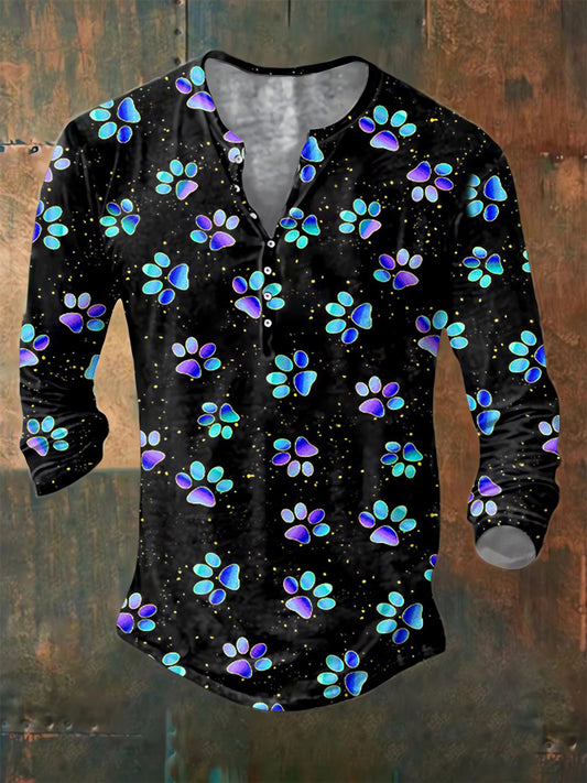 Men's Psychedelic Dog Paw Print Long Sleeve Button Henley Shirt