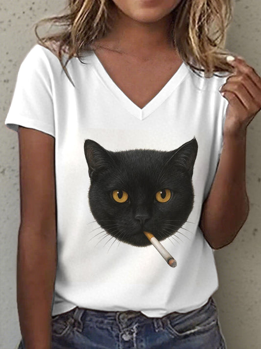 Women's Smoking Cat Print V-Neck T-Shirt