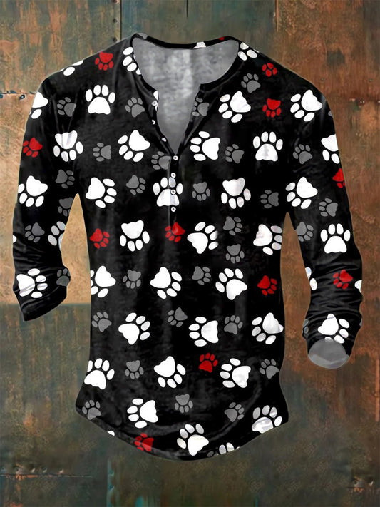 Men's Psychedelic Dog Paw Print Long Sleeve Button Henley Shirt