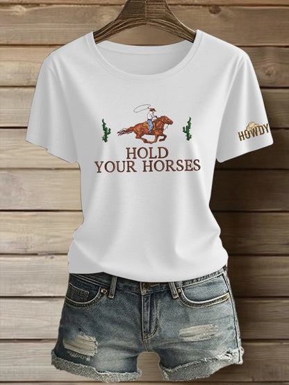 Women's Western Hold Your Horses Cowboy  Short Sleeve T-Shirt