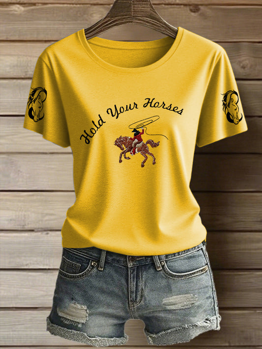 Women's Western Hold Your Horses Cowboy  Short Sleeve T-Shirt