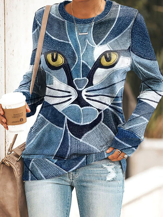 Women's Artistic Cat Print Sweatshirt