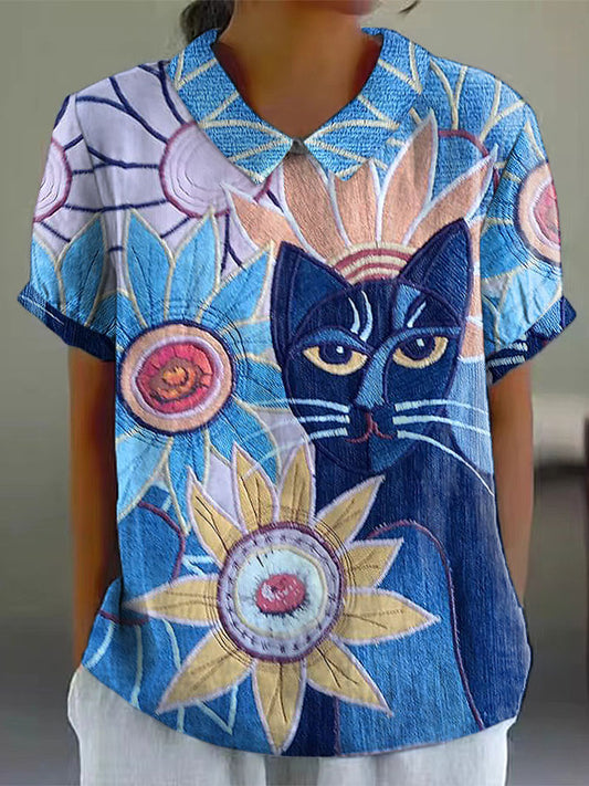 Women's Artistic Floral Cat Print Lapel Tops