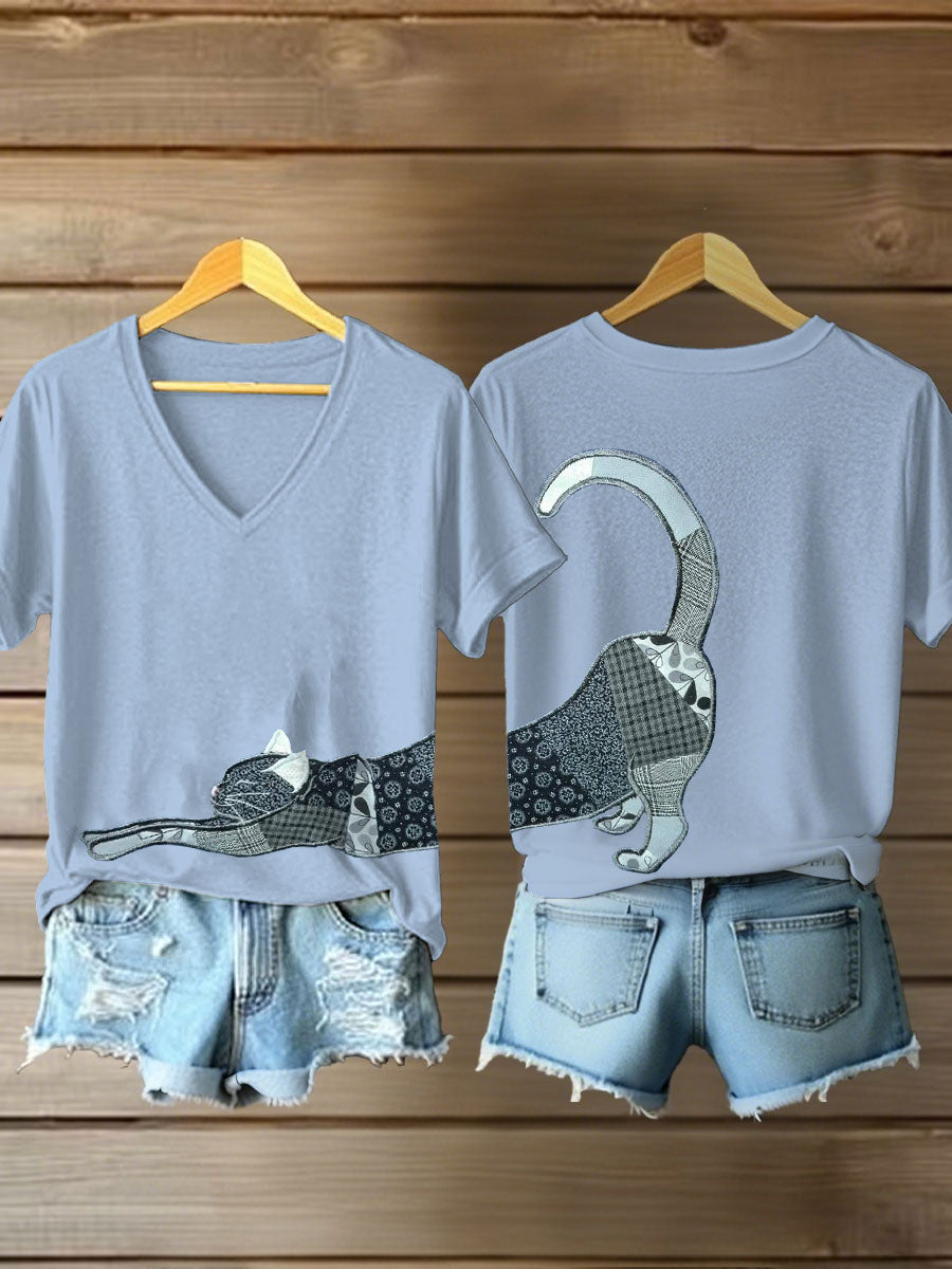Women's Artistic Cat Print V-Neck T-Shirt