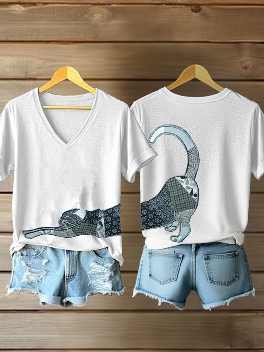 Women's Artistic Cat Print V-Neck T-Shirt