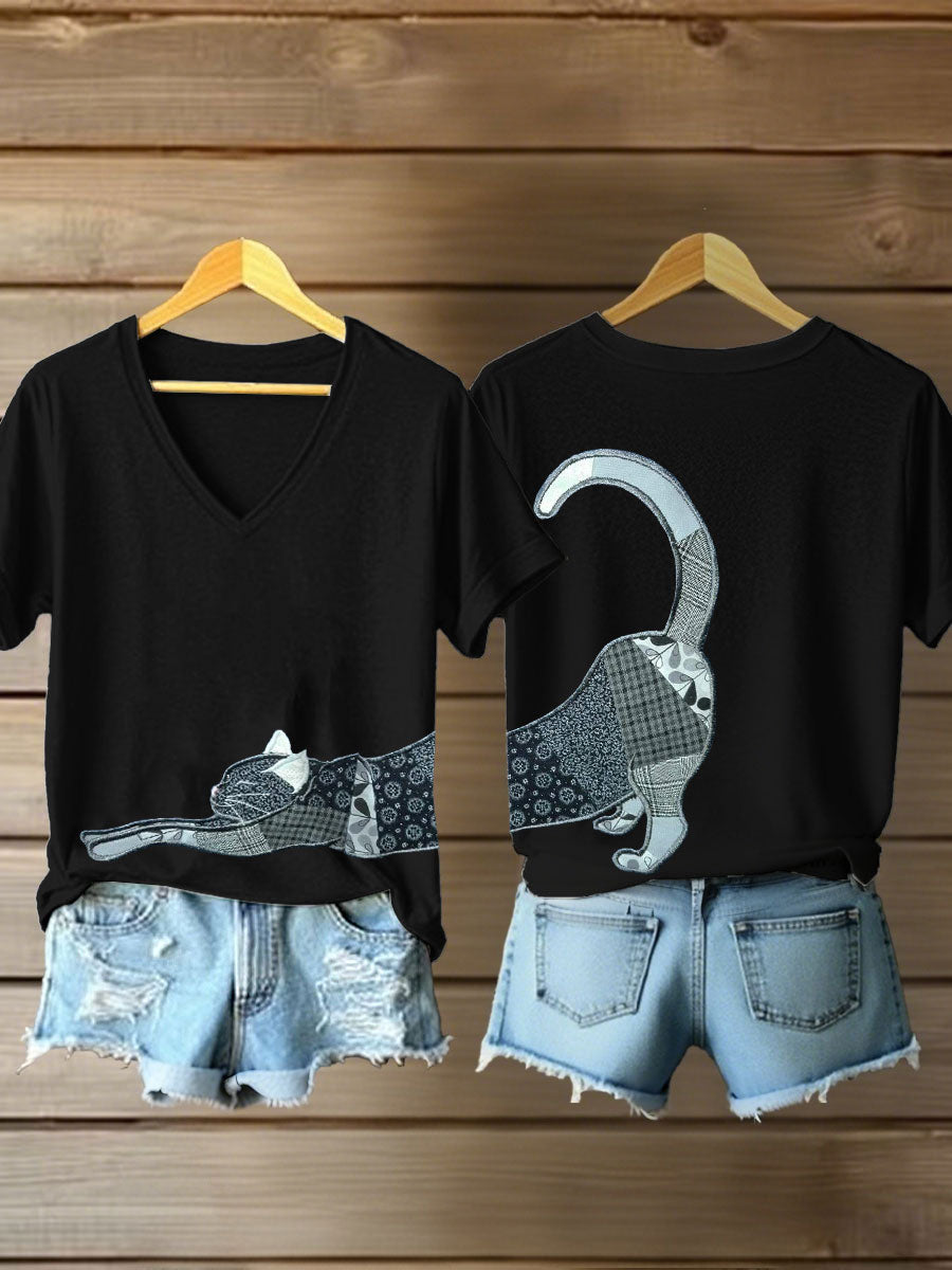 Women's Artistic Cat Print V-Neck T-Shirt