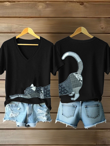 Women's Artistic Cat Print V-Neck T-Shirt
