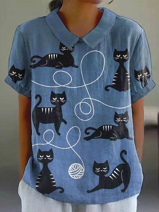 Women's black cats with ball of yarn print lapel tops