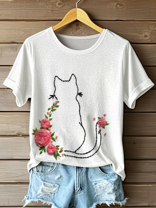 Women's Cat and Rose Embroidered T-Shirt