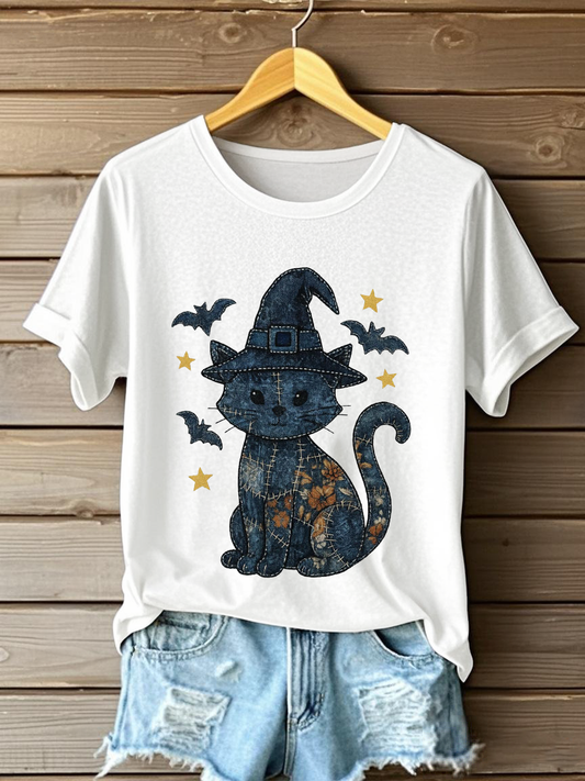 Women's Denim Floral Cat Print Casual T-shirt