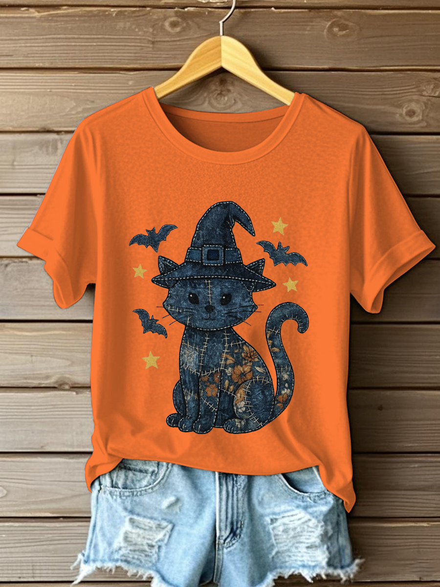 Women's Denim Floral Cat Print Casual T-shirt