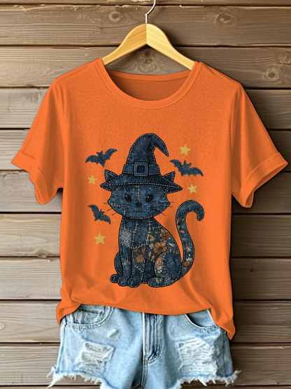 Women's Denim Floral Cat Print Casual T-shirt