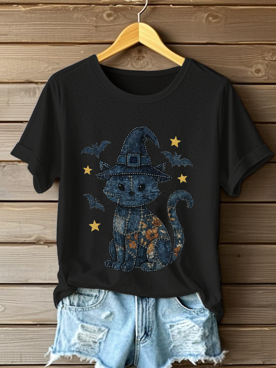 Women's Denim Floral Cat Print Casual T-shirt