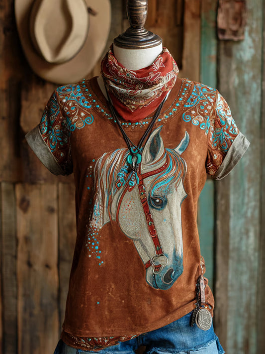 Women's Retro Western Horse Print Casual Tee
