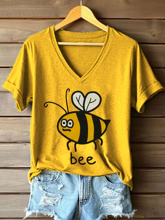 Women's Funny Bee Print V-Neck T-Shirt