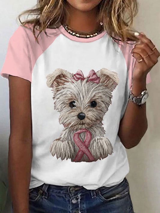 Women's Breast Cancer Pink Ribbon Dog Print Casual T-Shirt