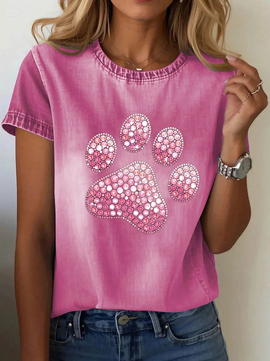 Women's Pink Paw Print Casual T-Shirt