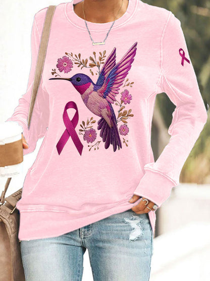 Women's Breast Cancer Hummingbird Print Casual Sweatshirt
