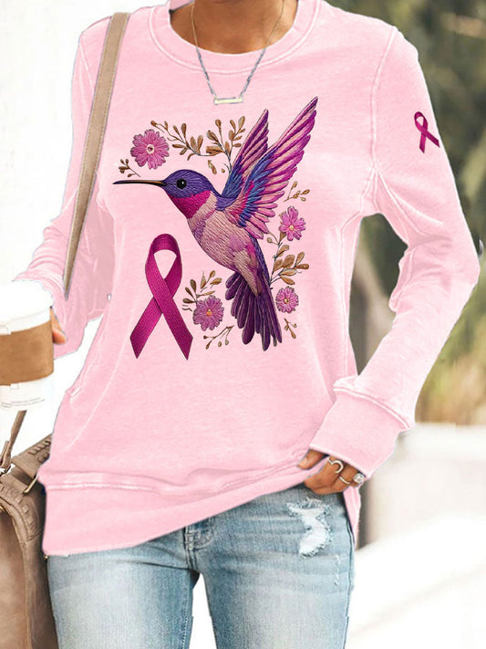 Women's Breast Cancer Hummingbird Print Casual Sweatshirt