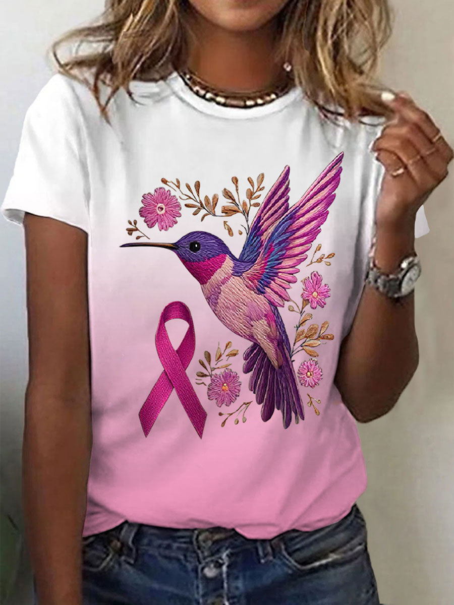 Women's Breast Cancer Hummingbird Print Casual T-Shirt