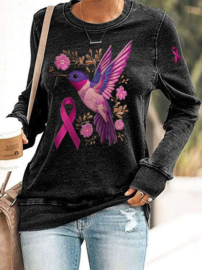 Women's Breast Cancer Hummingbird Print Casual Sweatshirt
