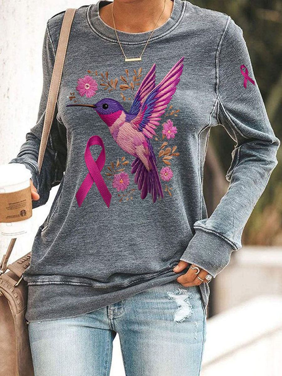Women's Breast Cancer Hummingbird Print Casual Sweatshirt