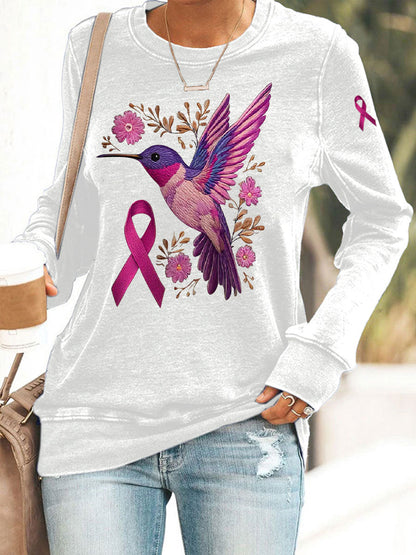 Women's Breast Cancer Hummingbird Print Casual Sweatshirt