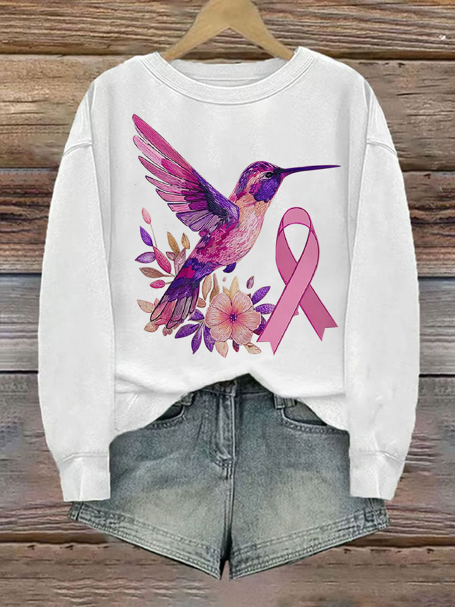 Women's Breast Cancer Hummingbird Print Casual Sweatshirt