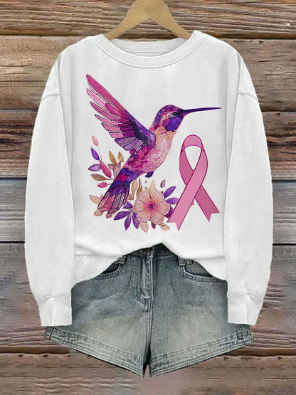 Women's Breast Cancer Hummingbird Print Casual Sweatshirt