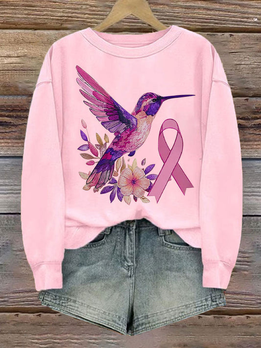 Women's Breast Cancer Hummingbird Print Casual Sweatshirt