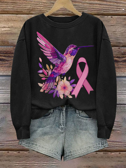 Women's Breast Cancer Hummingbird Print Casual Sweatshirt