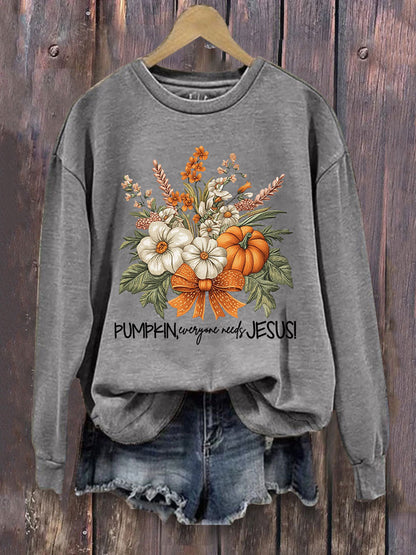 Women's Floral Pumpkin Fall Jesus Print Casual Sweatshirt