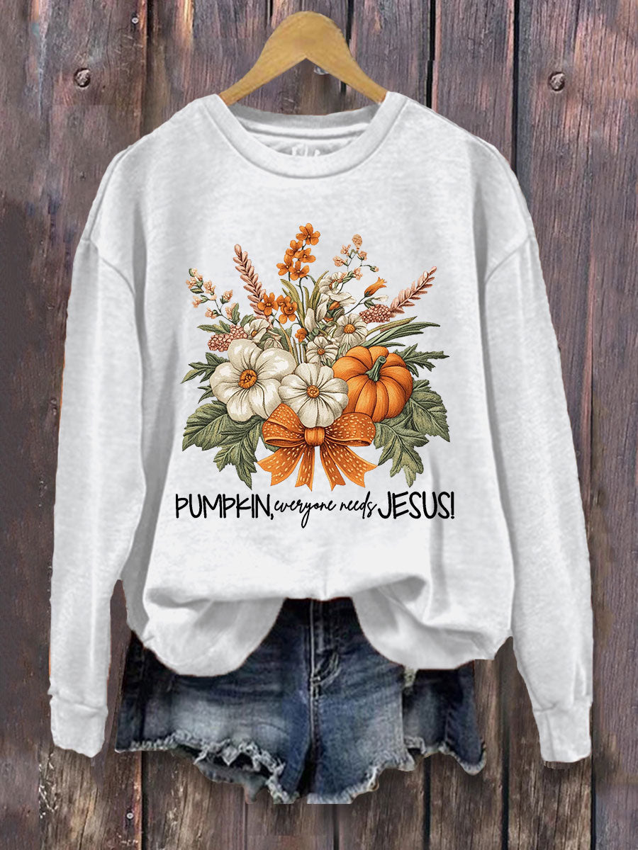 Women's Floral Pumpkin Fall Jesus Print Casual Sweatshirt