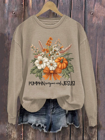 Women's Floral Pumpkin Fall Jesus Print Casual Sweatshirt