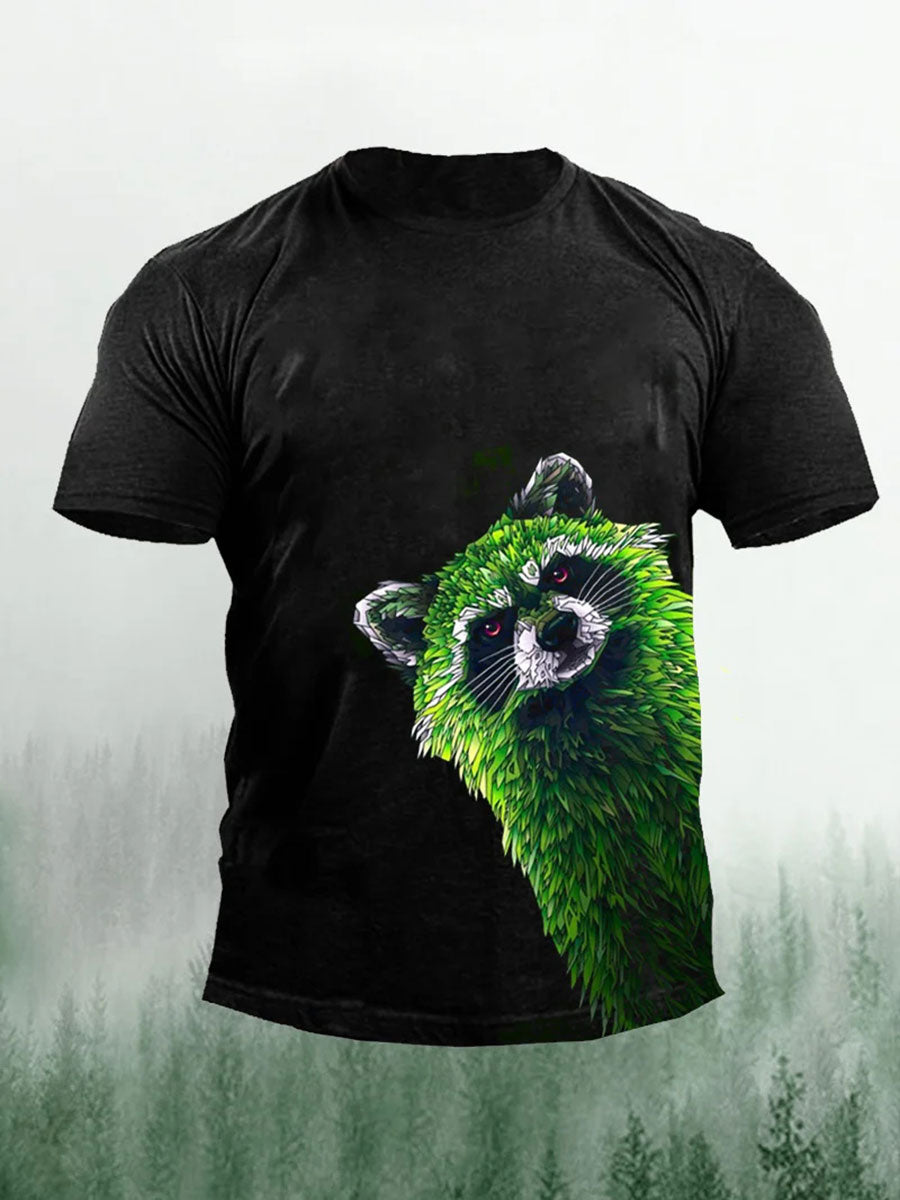 Men's Green Raccoon Print Casual T-Shirt