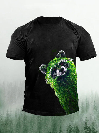 Men's Green Raccoon Print Casual T-Shirt