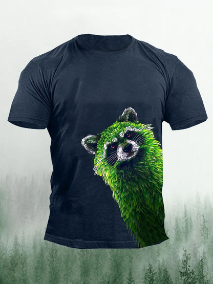Men's Green Raccoon Print Casual T-Shirt