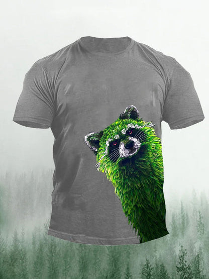 Men's Green Raccoon Print Casual T-Shirt