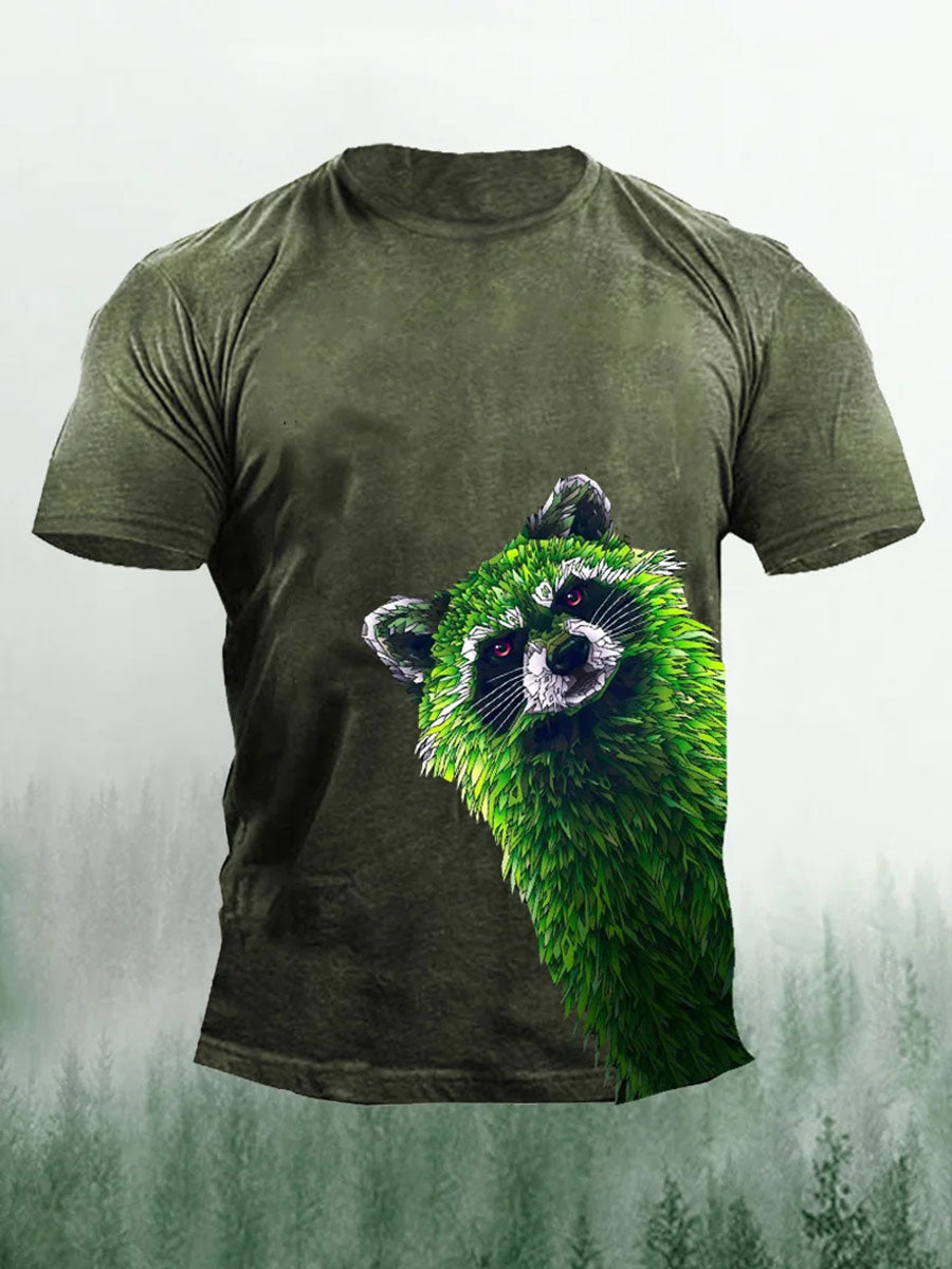 Men's Green Raccoon Print Casual T-Shirt