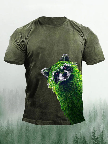 Men's Green Raccoon Print Casual T-Shirt