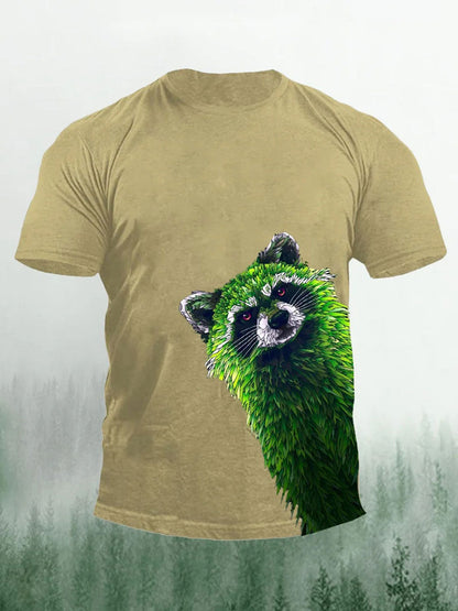 Men's Green Raccoon Print Casual T-Shirt