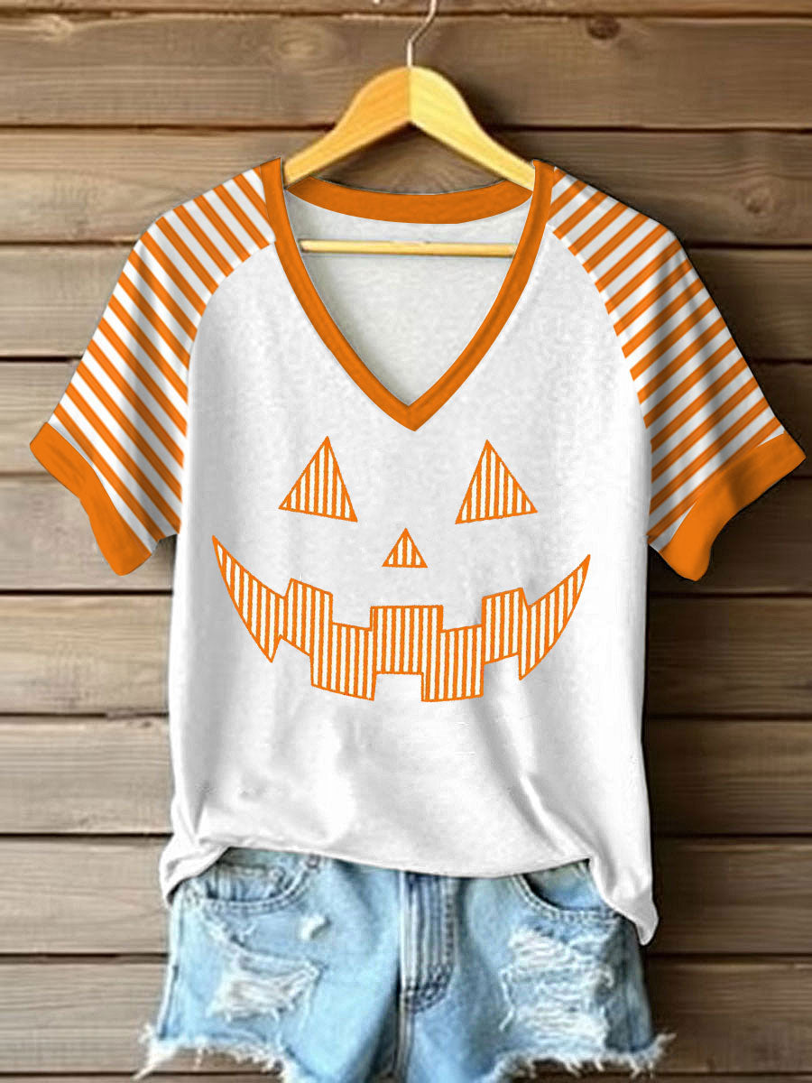 Women's Pumpkin Face Stripe Print Casual T-Shirt