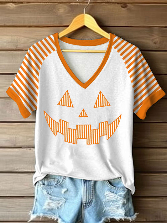 Women's Pumpkin Face Stripe Print Casual T-Shirt